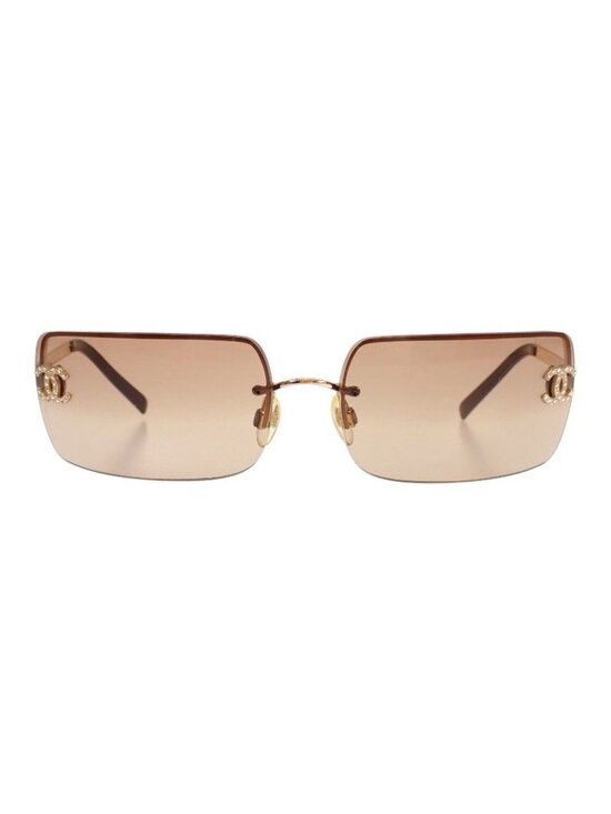 Chanel Half Rimless CC Logo Eyewear Sunglasses Rhinestone Gold Brown Y2K Vintage main image 5